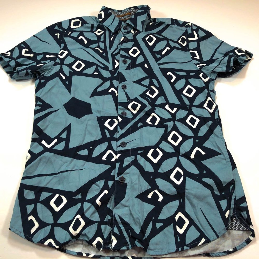 Ted Baker S Blue Geometric Short Sleeve Shirt - Picture 2 of 4